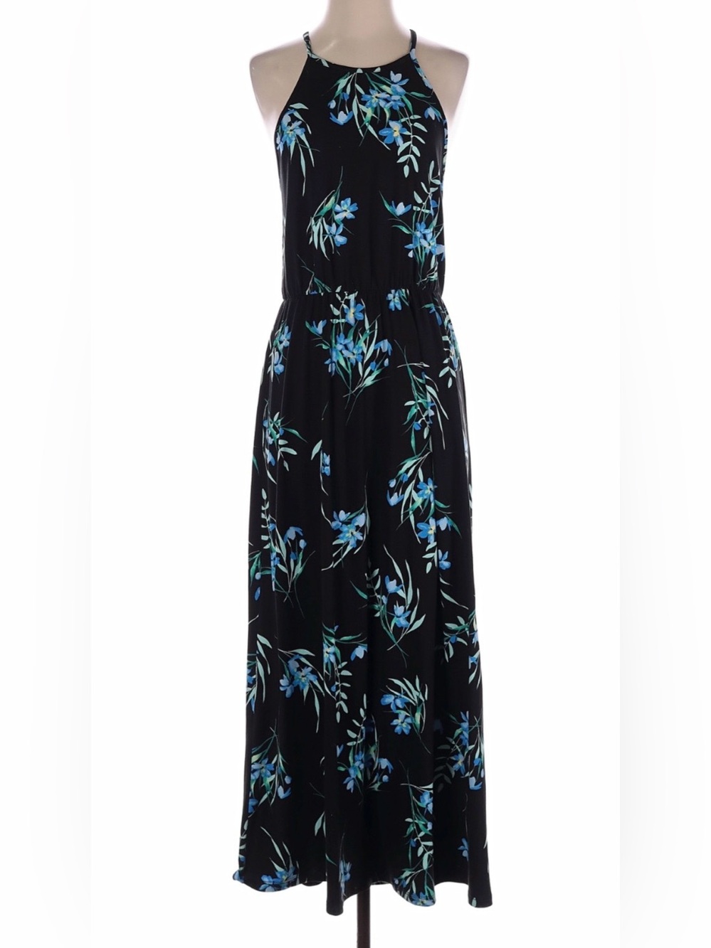 French Grey Black and Blue Floral Halter Maxi Dress